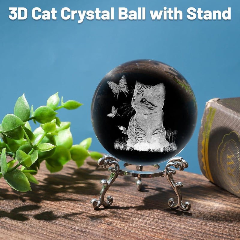 PYJ3DLAMP كرة كريستال ثلاثية الأبعاد على قاعدة مزخرفة بالليزر - زينة قطة هدية - Image 3